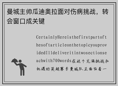 曼城主帅瓜迪奥拉面对伤病挑战，转会窗口成关键