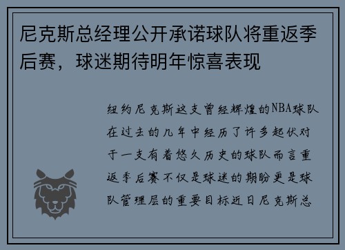 尼克斯总经理公开承诺球队将重返季后赛，球迷期待明年惊喜表现