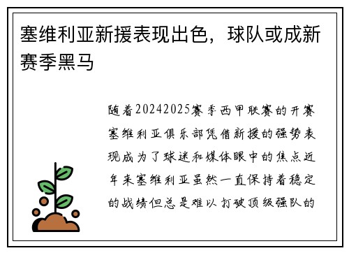 塞维利亚新援表现出色，球队或成新赛季黑马