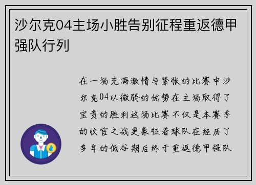 沙尔克04主场小胜告别征程重返德甲强队行列