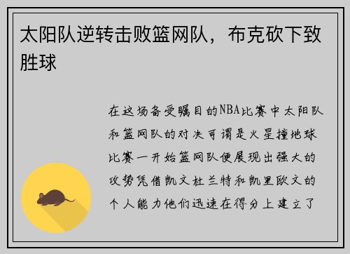 太阳队逆转击败篮网队，布克砍下致胜球