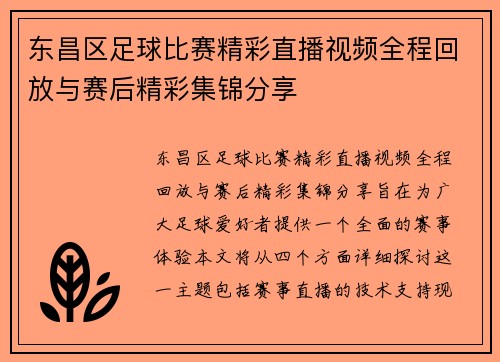 东昌区足球比赛精彩直播视频全程回放与赛后精彩集锦分享